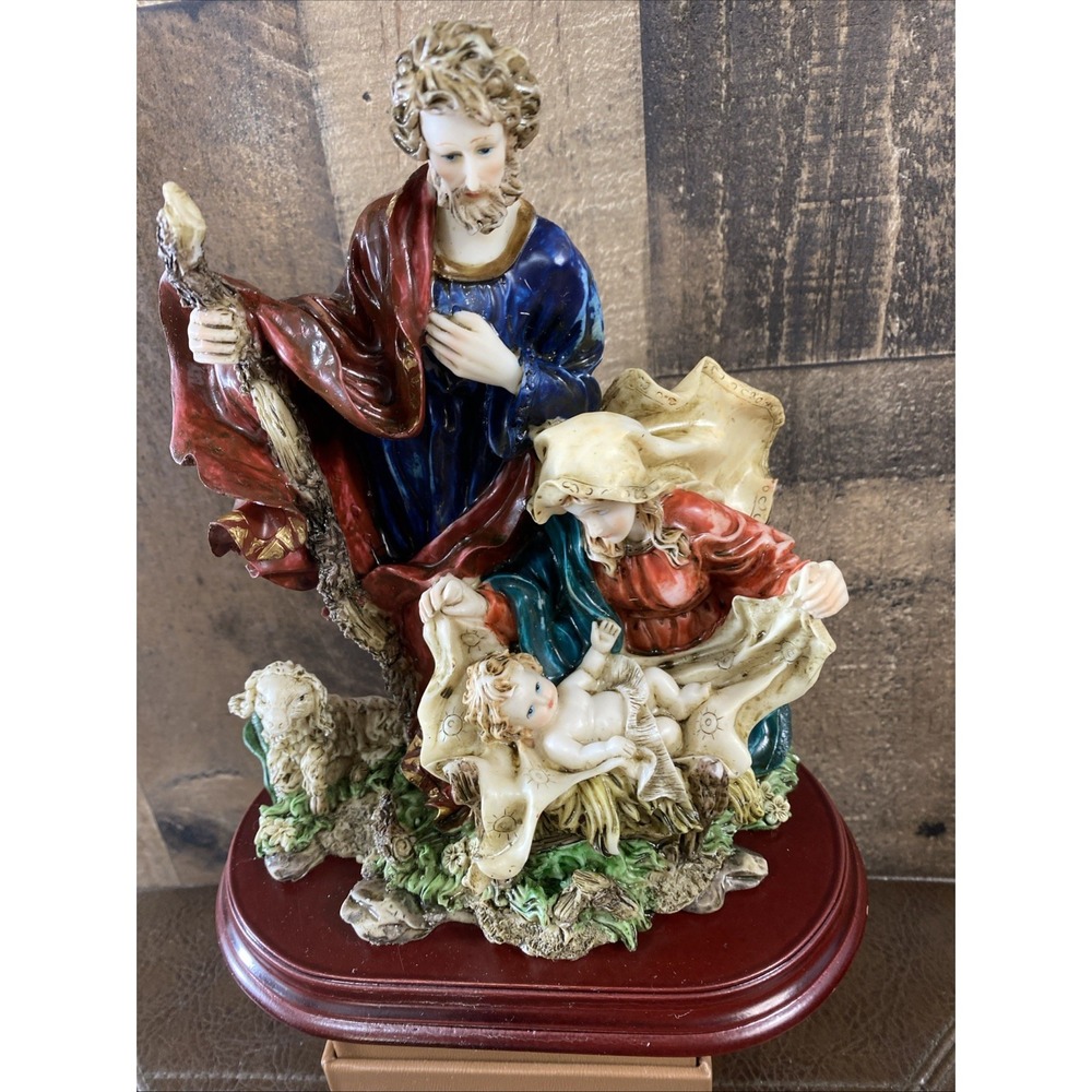Vintage Holy Family Nativity Statue Figurine - 8.5" Resin Sculpture on Wood Base